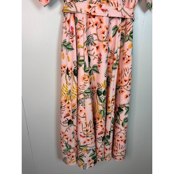 LOFT Midi Shirt Dress 10 Peach Pink Tropical Floral Button-Through Belted - Picture 8 of 10